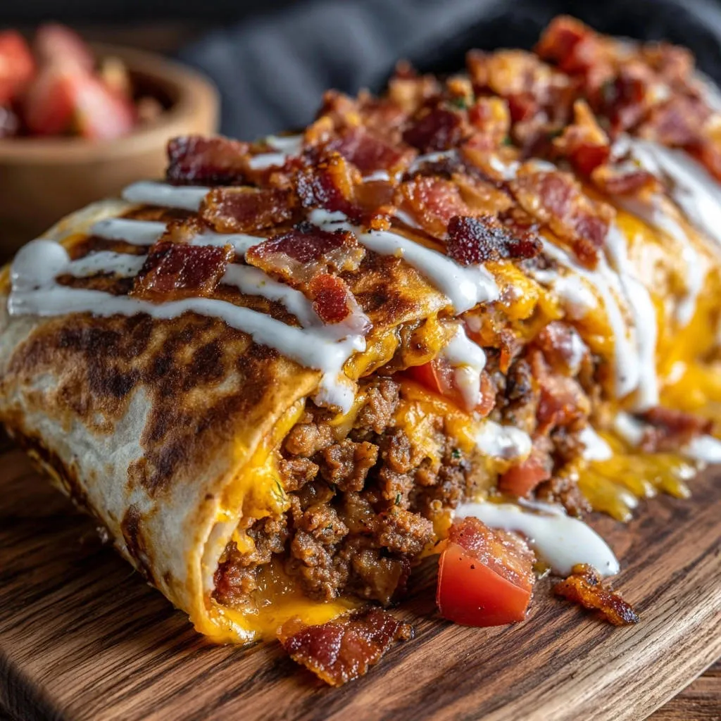 Crispy beef and bacon burrito shown in a close-up cross-section, revealing layers of meat, cheese, and toppings.
