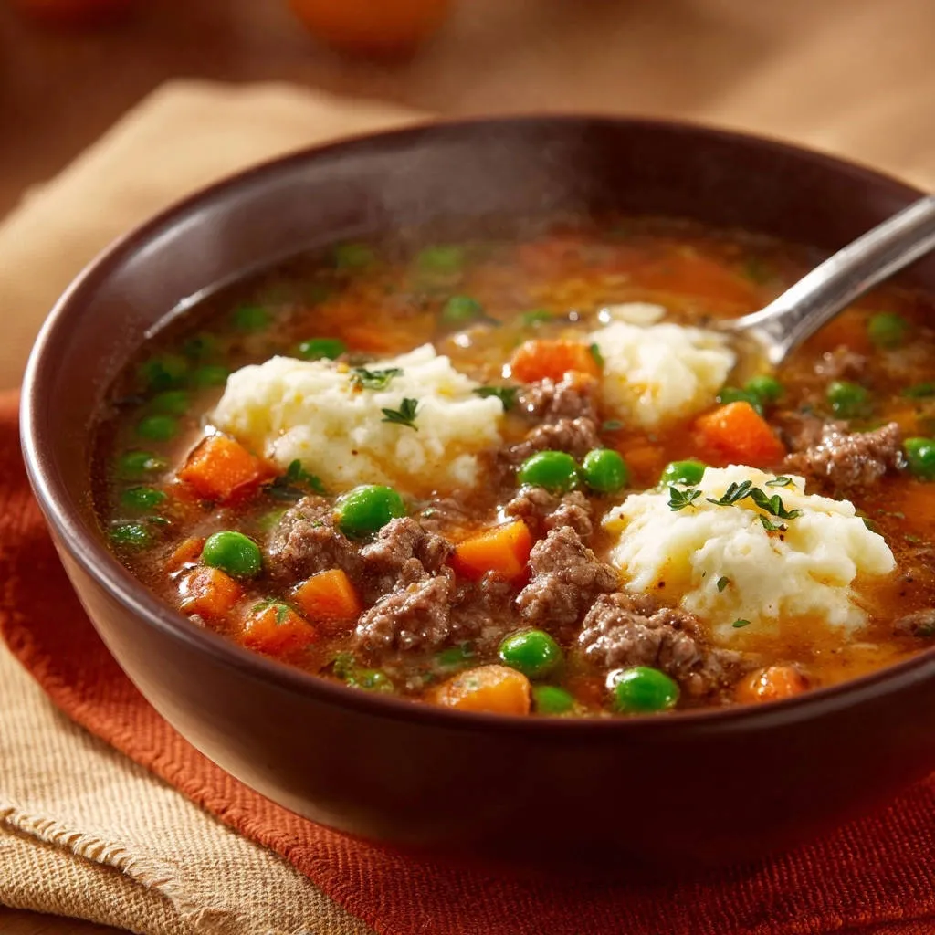 Hearty beef & veggie "stoup" with fluffy mashed potato topping and visible steam rising.