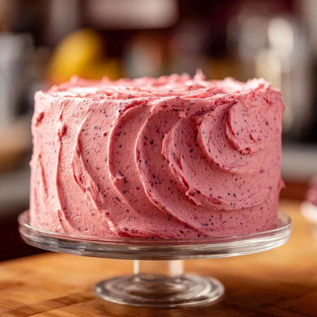 Berry Bliss Layer Cake frosted with pink berry buttercream, shown from a side view on a glass cake stand.