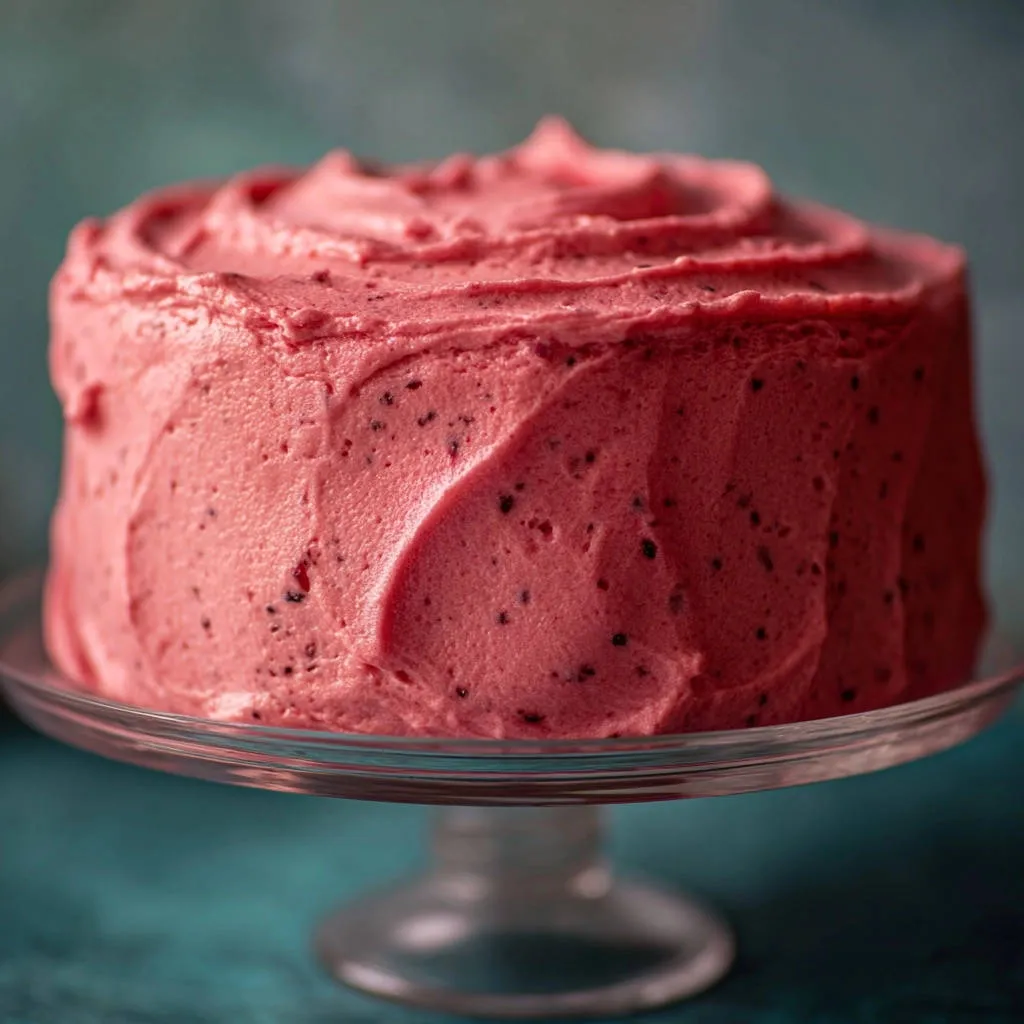 Berry Bliss Layer Cake with textured pink frosting and visible berry pieces, presented on a glass cake stand.