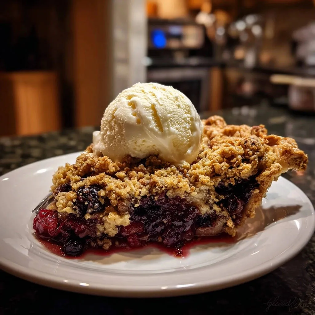 Classic berry crumble pie slice with ice cream on a white plate, showing the crumb topping and fruit filling.