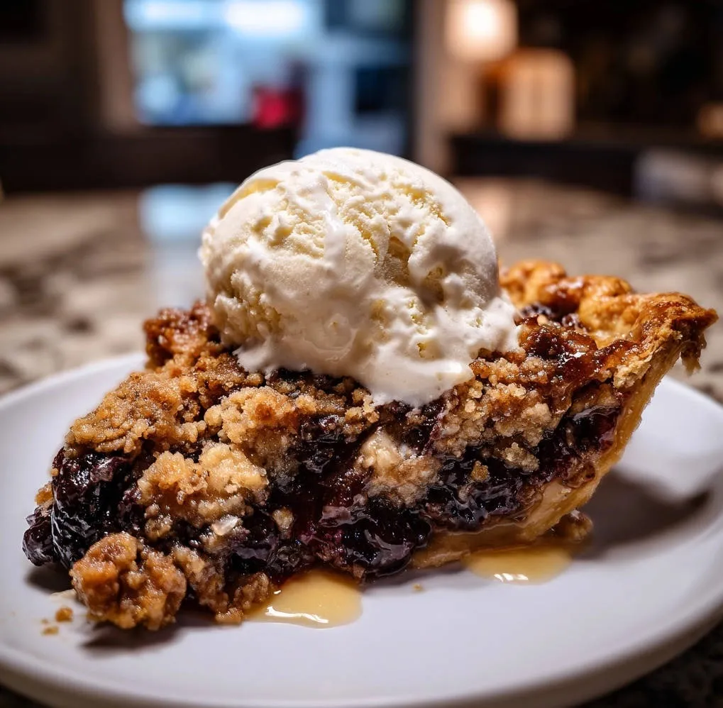 Classic berry crumble pie slice with ice cream, showing a close-up of the crumb topping and fruit filling.