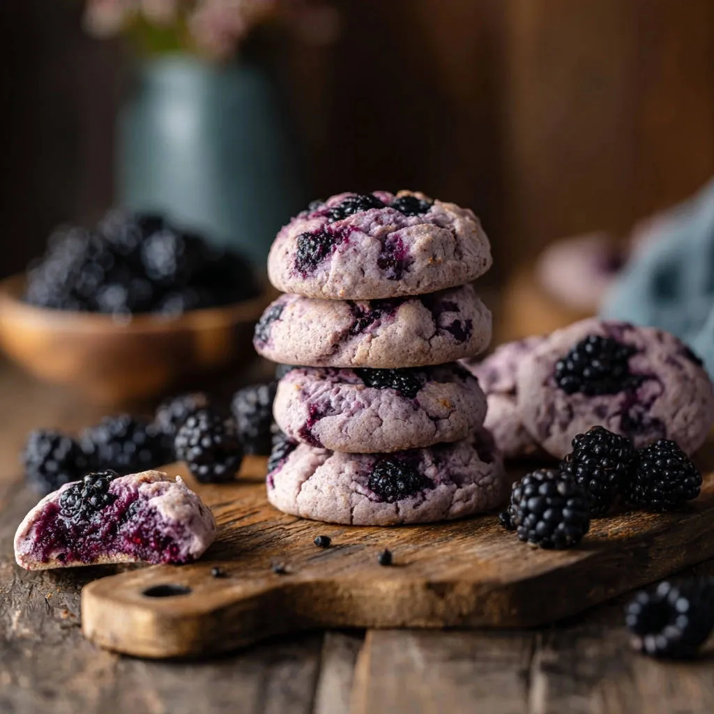 Bursting blackberry cookies showing a detailed cross-section with visible fruit pieces.
