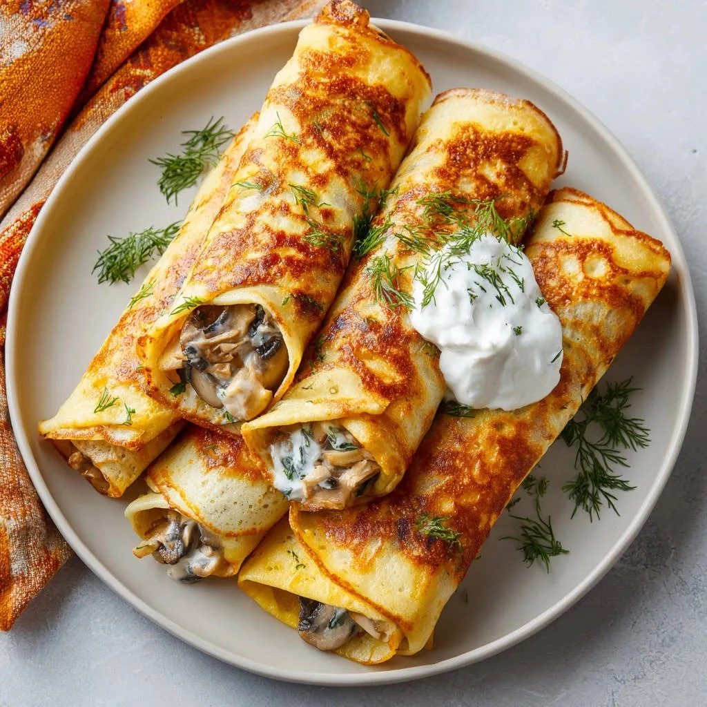 Blintzes with creamy mushrooms plated on a light beige dish, topped with a dollop of sour cream and garnished with dill.