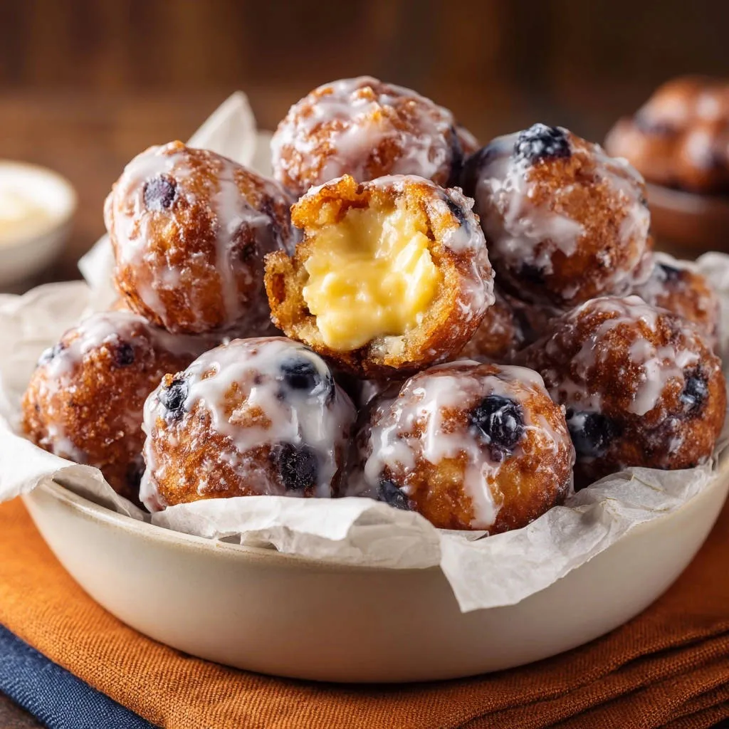 Blueberry custard donut holes showing a creamy yellow filling in a close-up cross-section view.