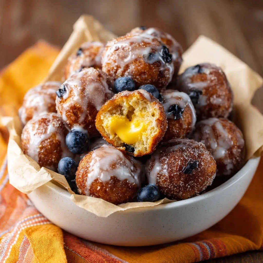 Blueberry custard donut holes, a close-up cross-section revealing the creamy yellow custard filling.