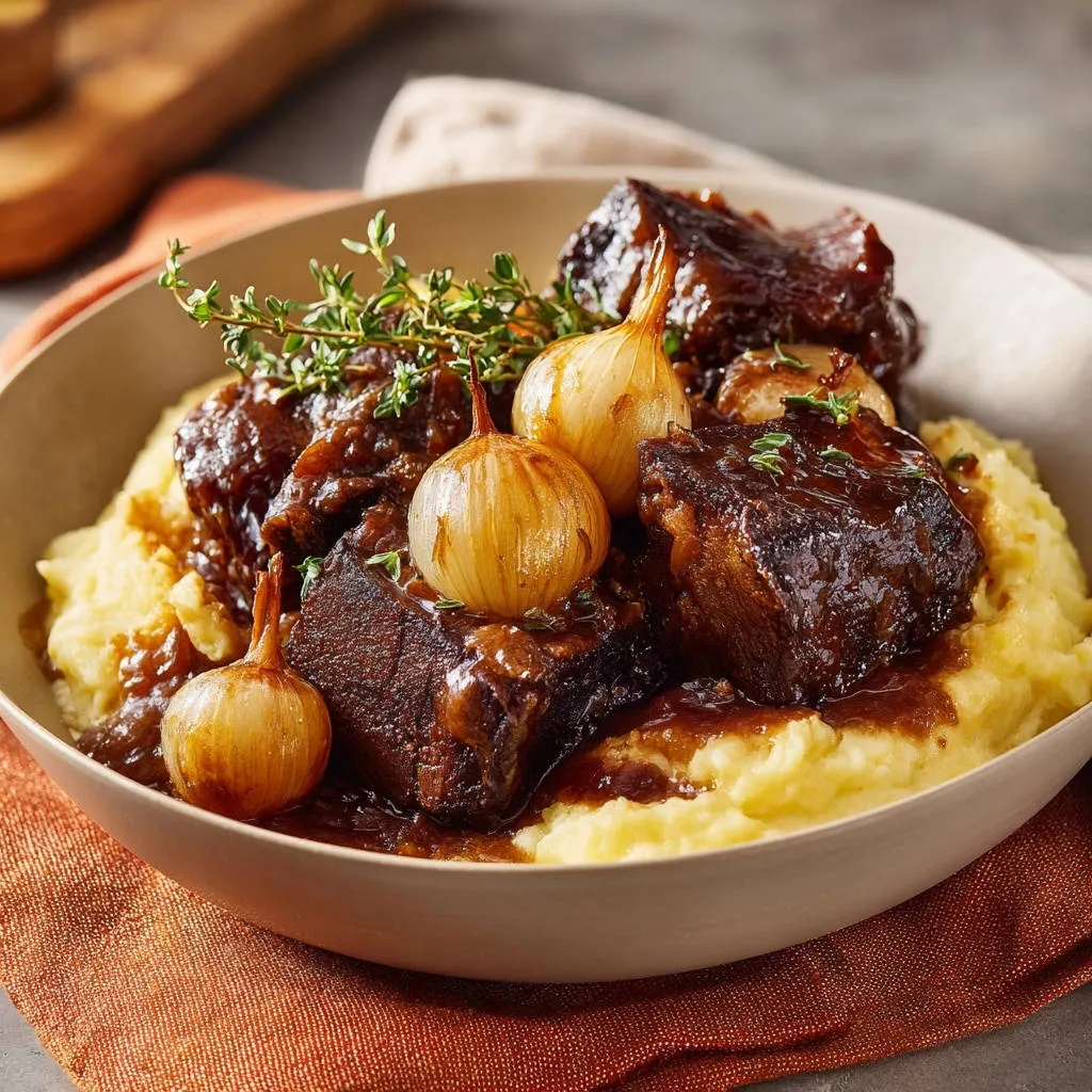Braised beef short ribs with mashed potatoes served in a bowl, garnished with pearl onions and thyme.