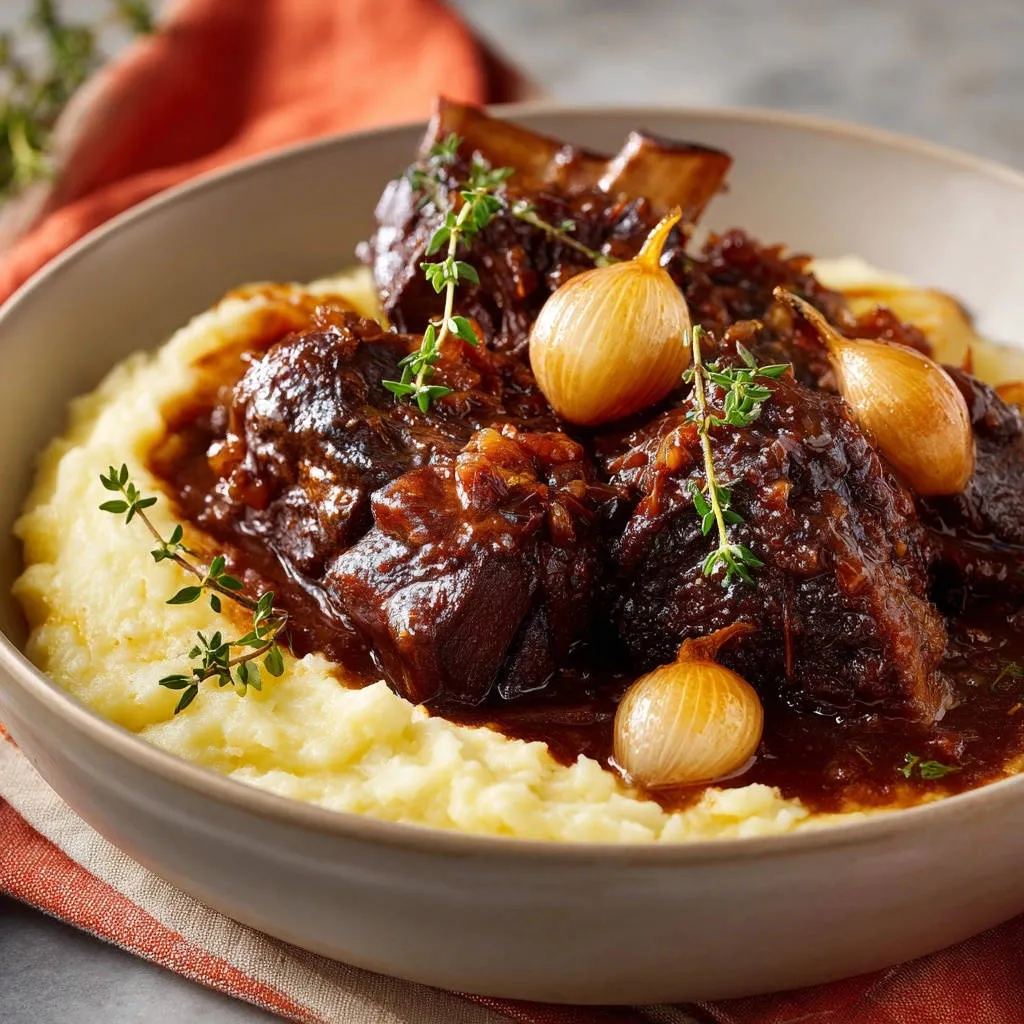 Braised beef short ribs with mashed potatoes, served in a bowl and garnished with fresh thyme and pearl onions.