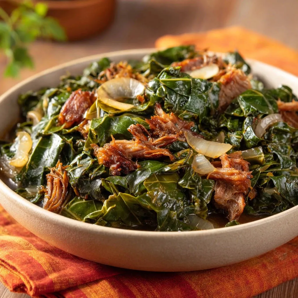 Hearty braised greens with shredded meat served in a rustic bowl, showcasing tender leaves and savory meat.