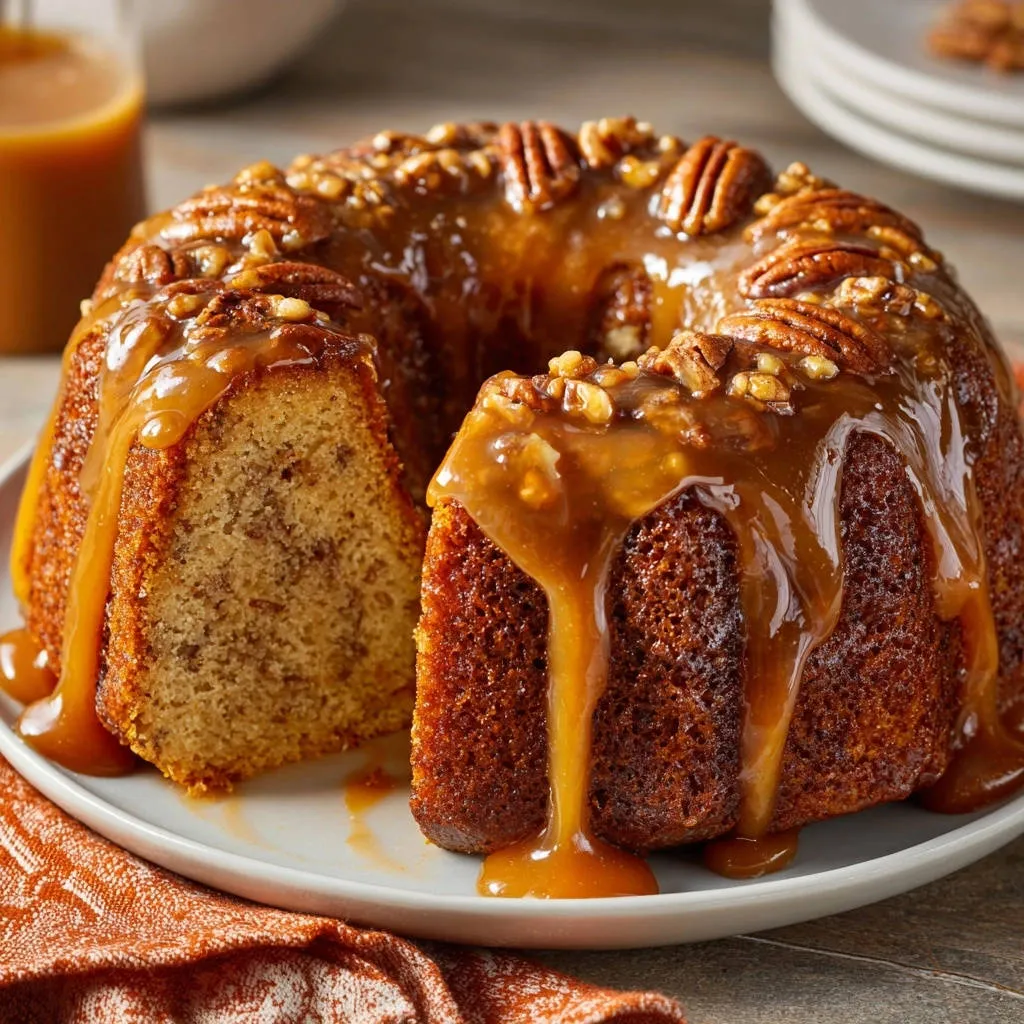 Caramel Pecan Bundt Cake with rich caramel glaze and whole pecans, showing a slice with interior texture.