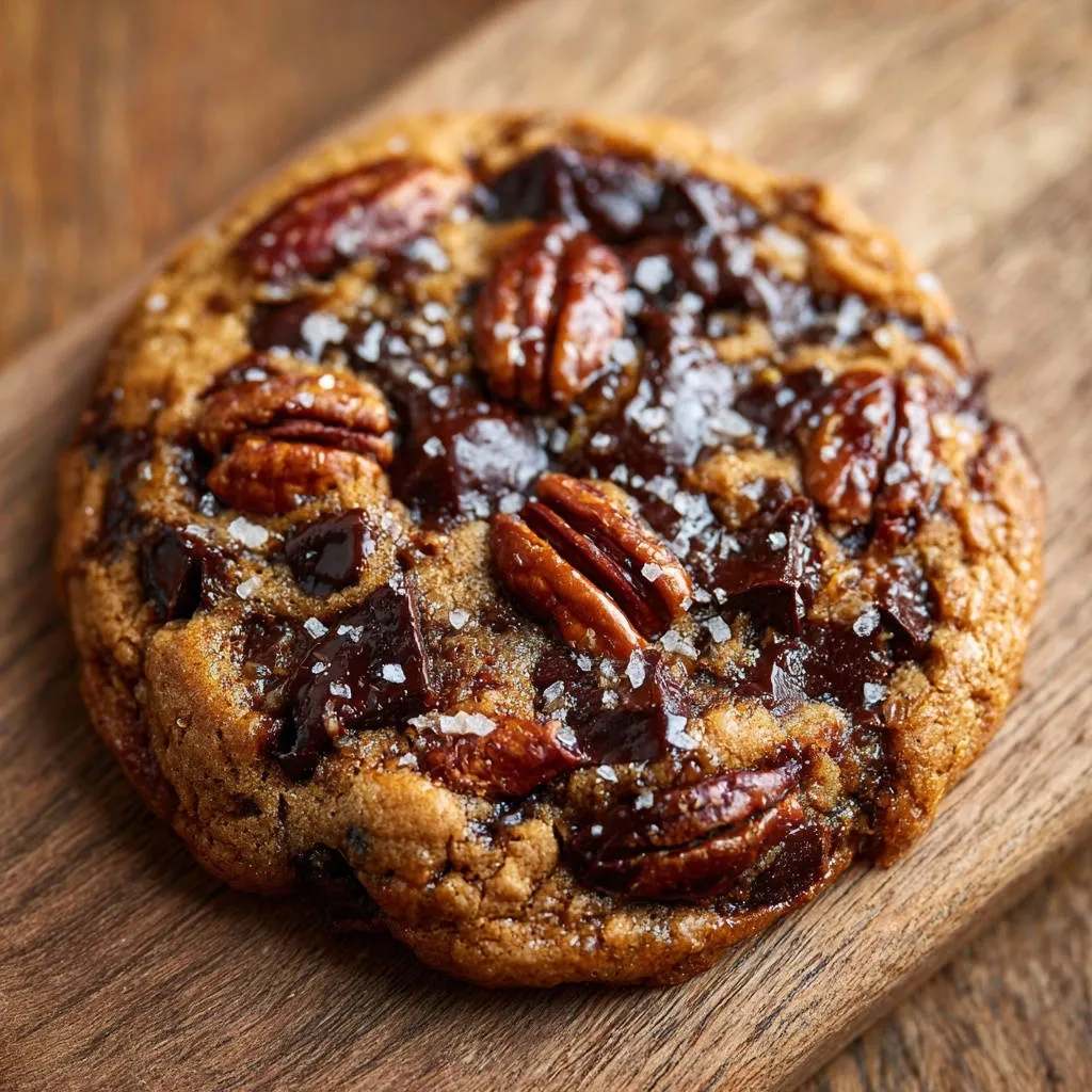 Caramel pecan chocolate chip cookies with visible chocolate chunks and flaky sea salt, showing a close-up texture.