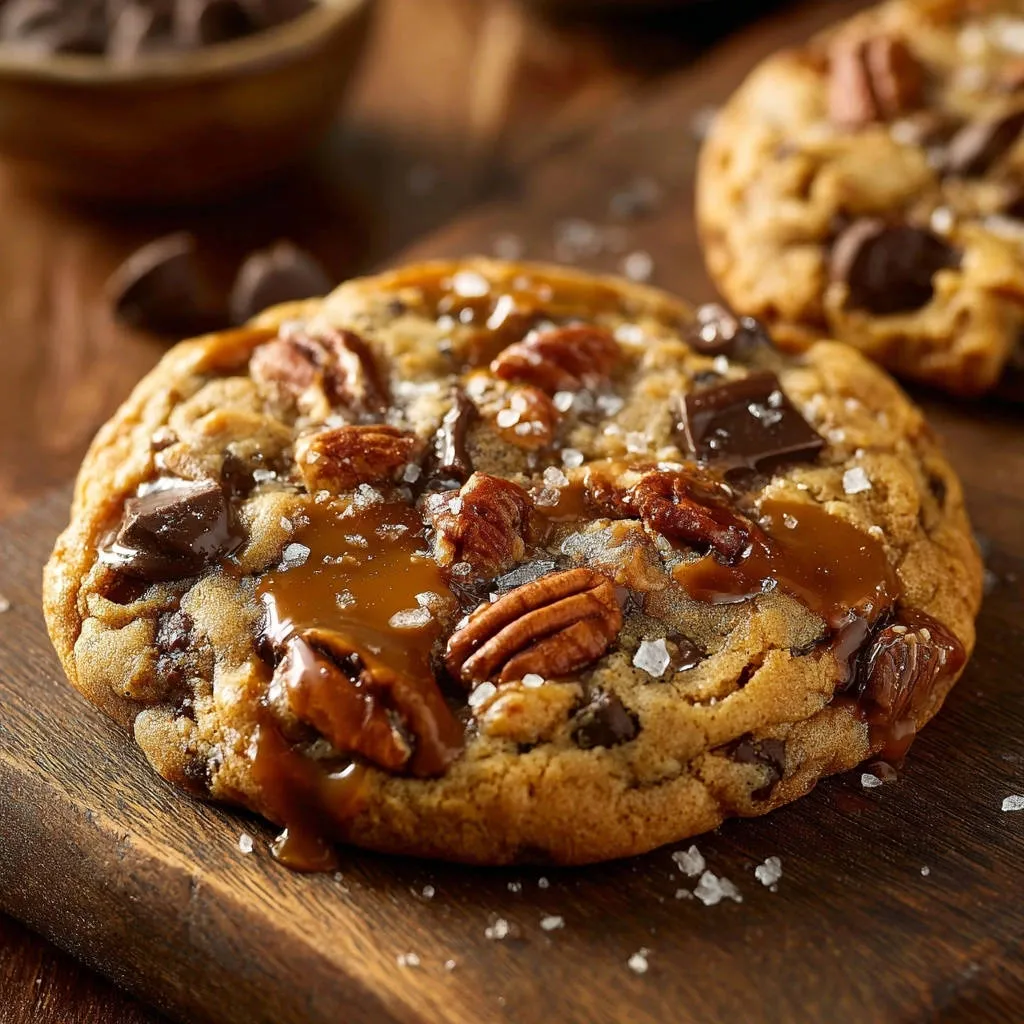 Caramel pecan chocolate chip cookies drizzled with caramel and sprinkled with sea salt, showing a close-up detail.