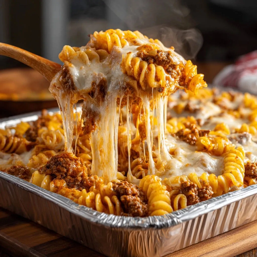 Easy Cheesy Baked Rotini with a dramatic cheese pull captured as it's scooped from the pan.