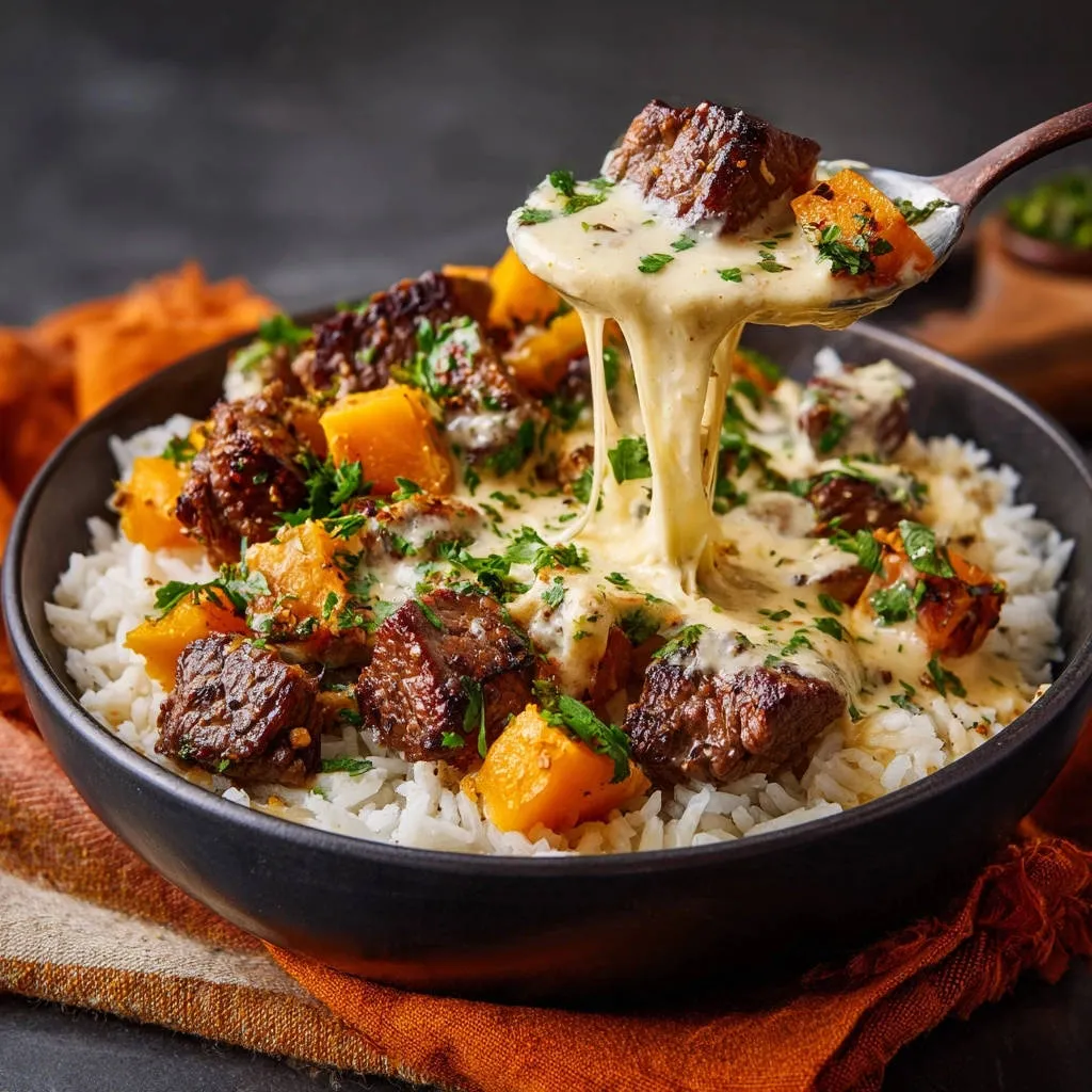Cheesy Beef & Squash Bowls with a spoonful of the dish showcasing a dramatic cheese pull over rice.