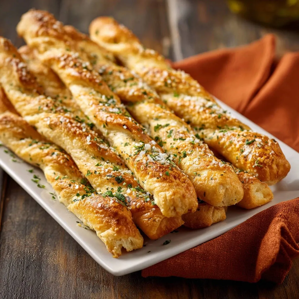 Cheesy garlic breadsticks shown with a golden, twisted appearance and sprinkled with herbs and cheese.