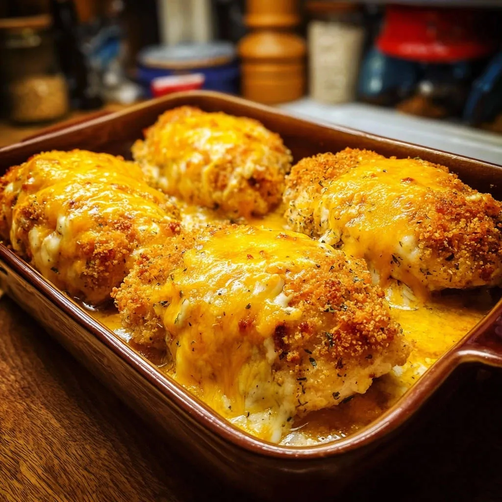 Cheesy golden chicken bake with bubbling melted cheese and a golden breadcrumb topping, shown in a baking dish.