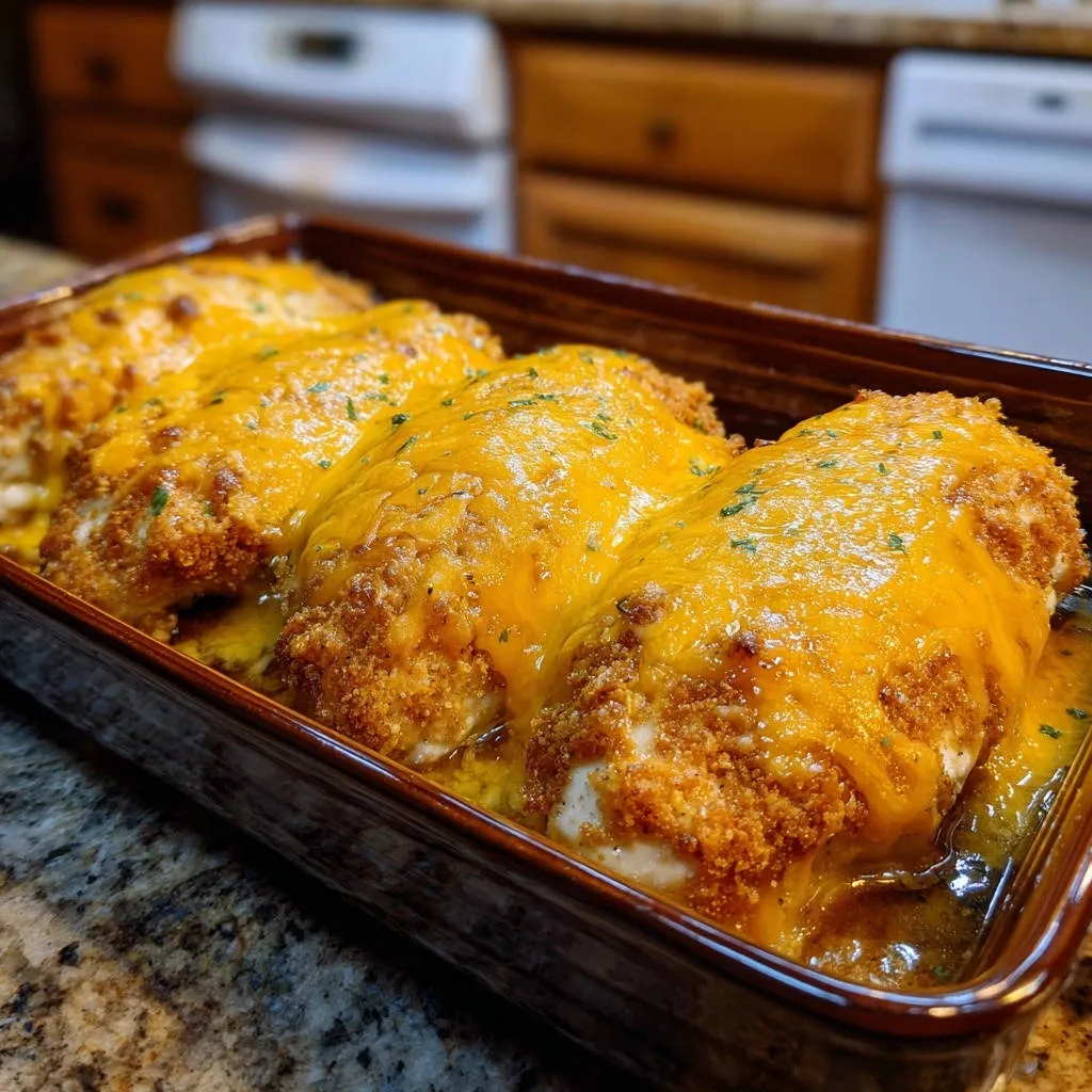 Cheesy golden chicken bake close-up showing melted cheddar cheese topping and golden breaded crust.