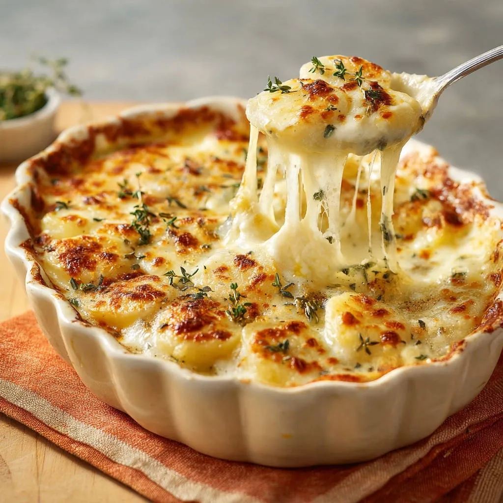 Decadent cheesy potato gratin with a spoonful pulling out strings of melted cheese.
