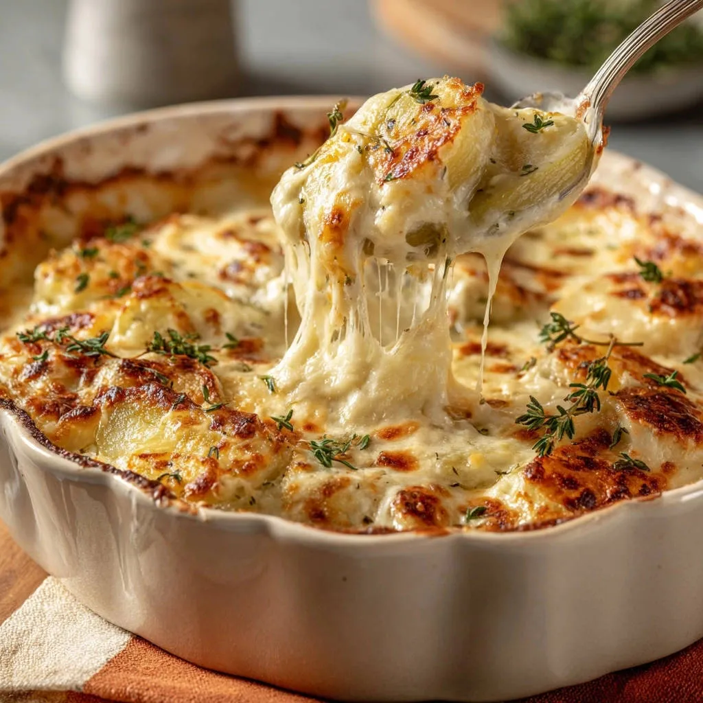 Decadent cheesy potato gratin with a spoonful showing a gooey cheese stretch, garnished with fresh herbs.