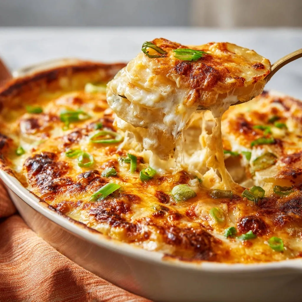 Cheesy scalloped potatoes with a spoon scooping a serving showing a delicious cheese pull and golden-brown topping.