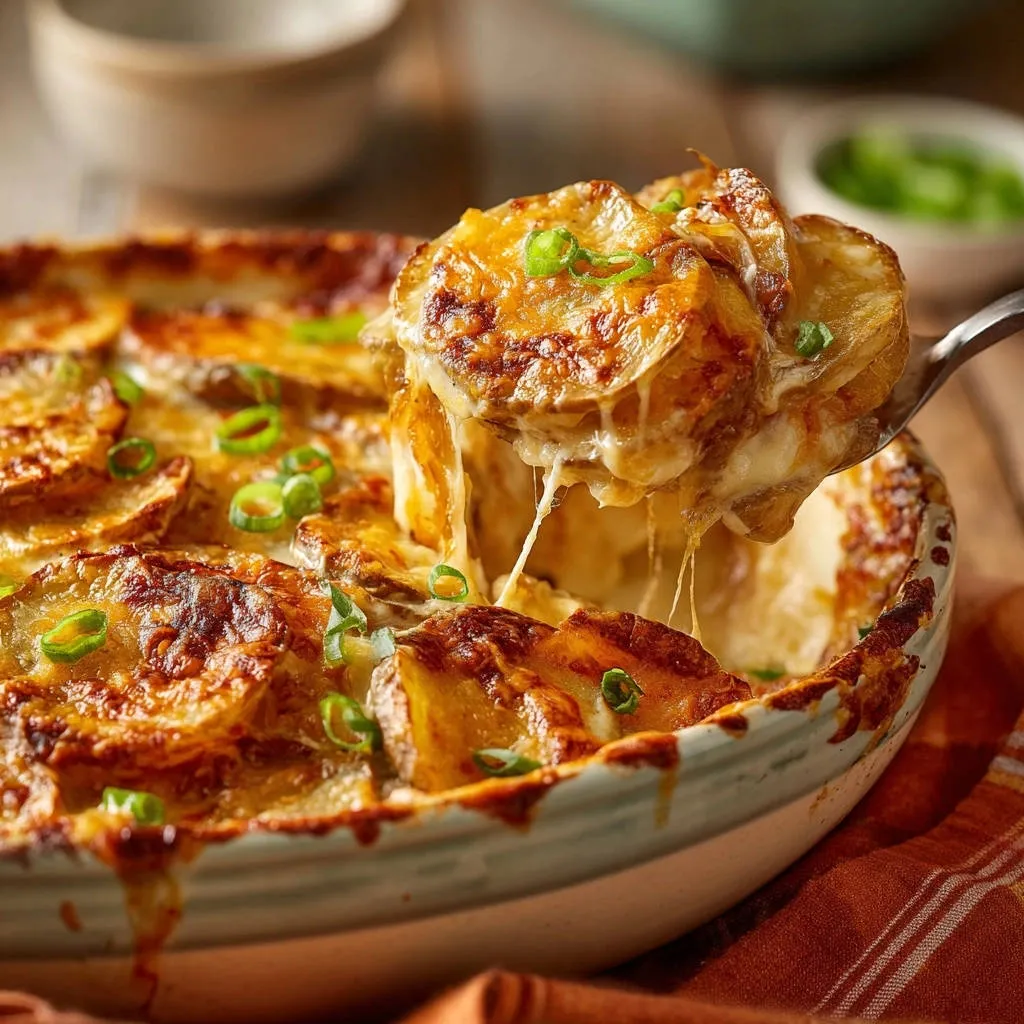 Cheesy scalloped potatoes, a spoonful being lifted, showing melted cheese and golden potato slices.