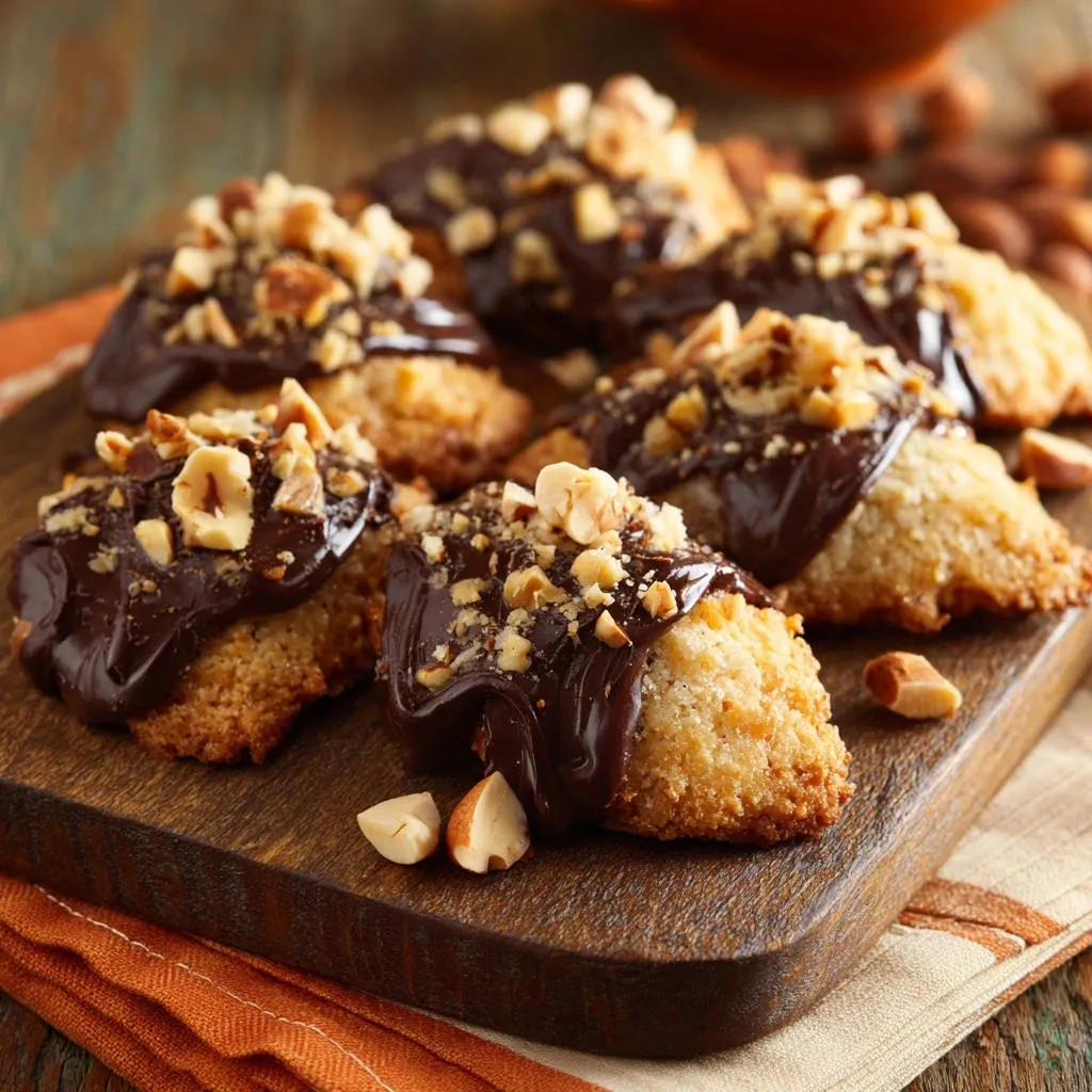 Chewy chocolate hazelnut macaroons, a close-up view showing the chocolate drizzle and chopped hazelnuts topping each cookie.