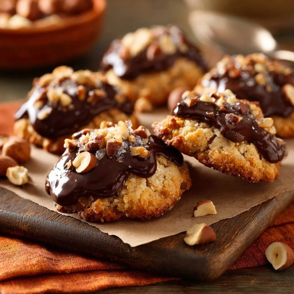 Chewy chocolate hazelnut macaroons with a close-up view of the chocolate glaze and chopped hazelnuts.