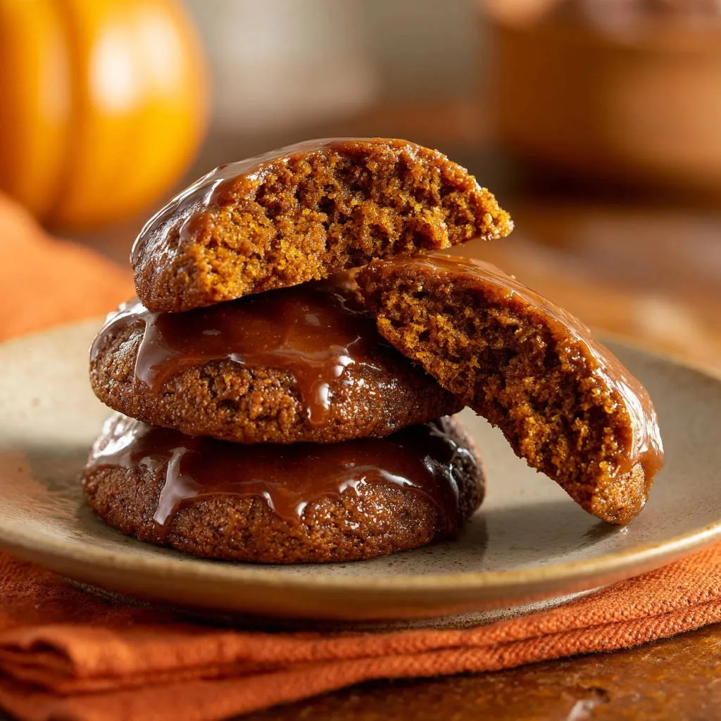 Chewy glazed pumpkin spice cookies, with a close-up cross-section revealing their soft, spiced interior texture.