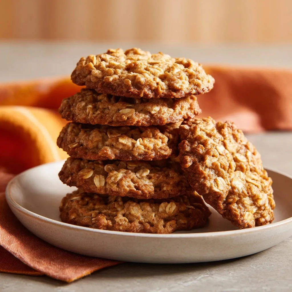 Chewy oatmeal cookies stacked on a plate, showcasing their textured surface and golden-brown edges.