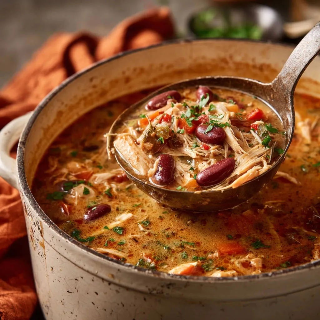 Hearty chicken and bean soup shown in a ladle, highlighting shredded chicken, kidney beans, and herbs.