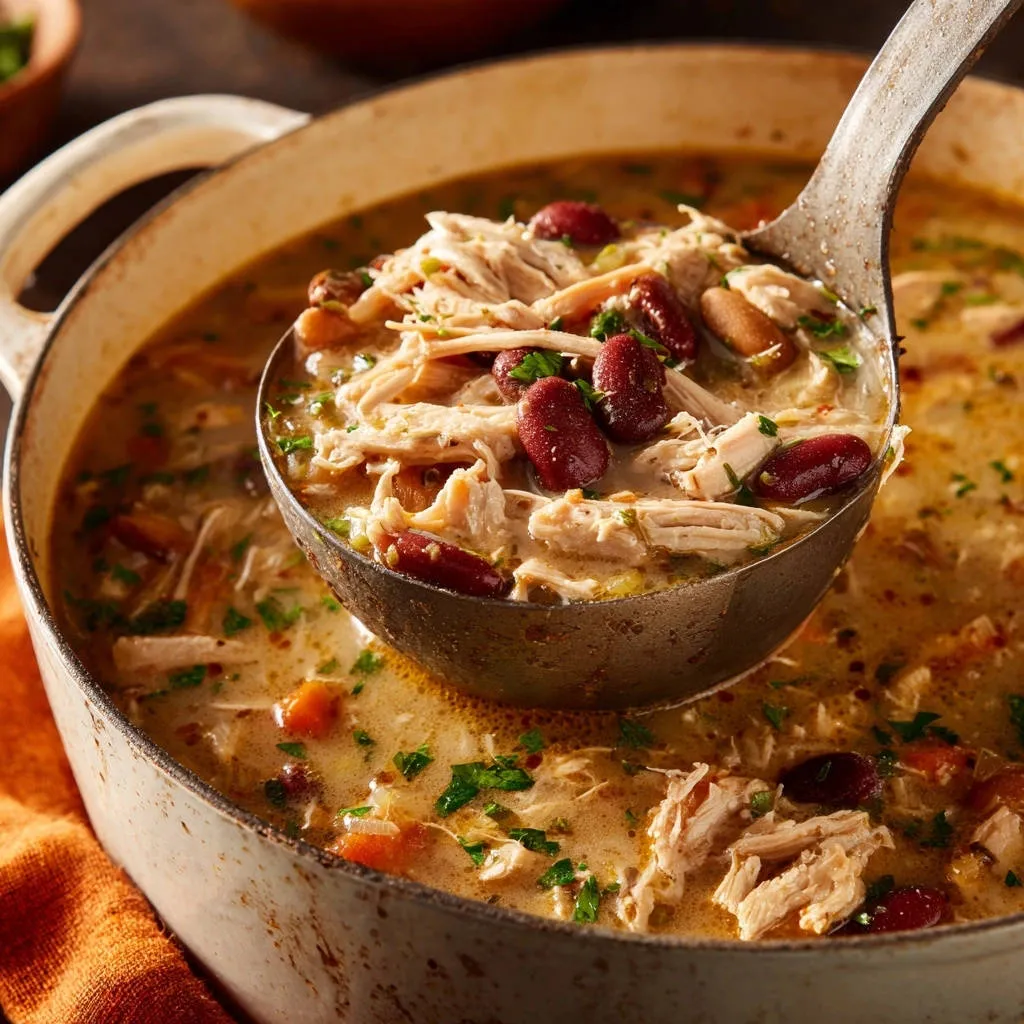 Hearty chicken and bean soup is served from a pot with a ladle, showing tender chicken and kidney beans.