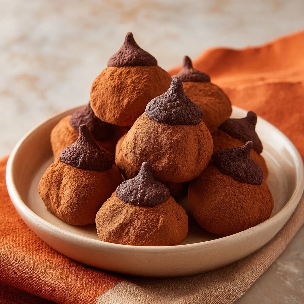 Charming chocolate acorn treats piled high in a light-colored bowl, dusted with cocoa powder.