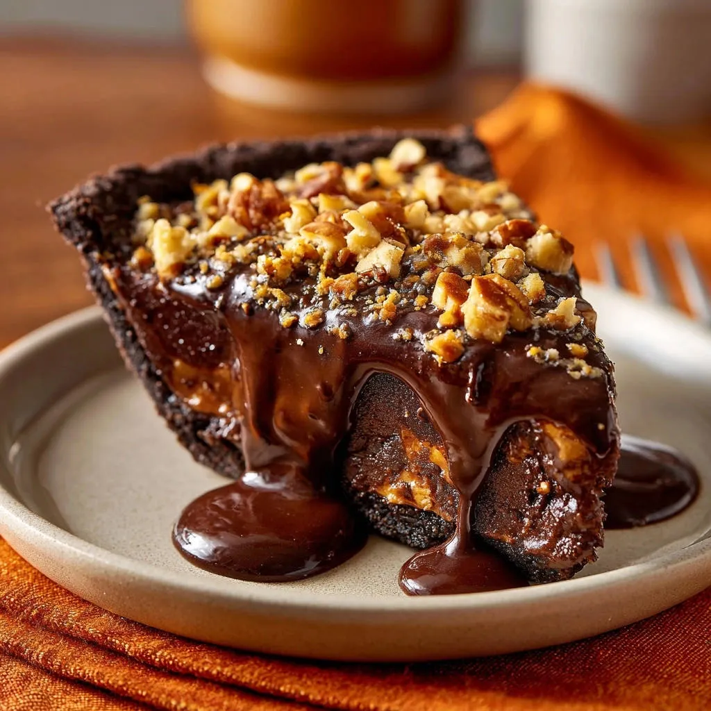 Decadent chocolate caramel nut pie slice with rich chocolate ganache dripping onto a plate.