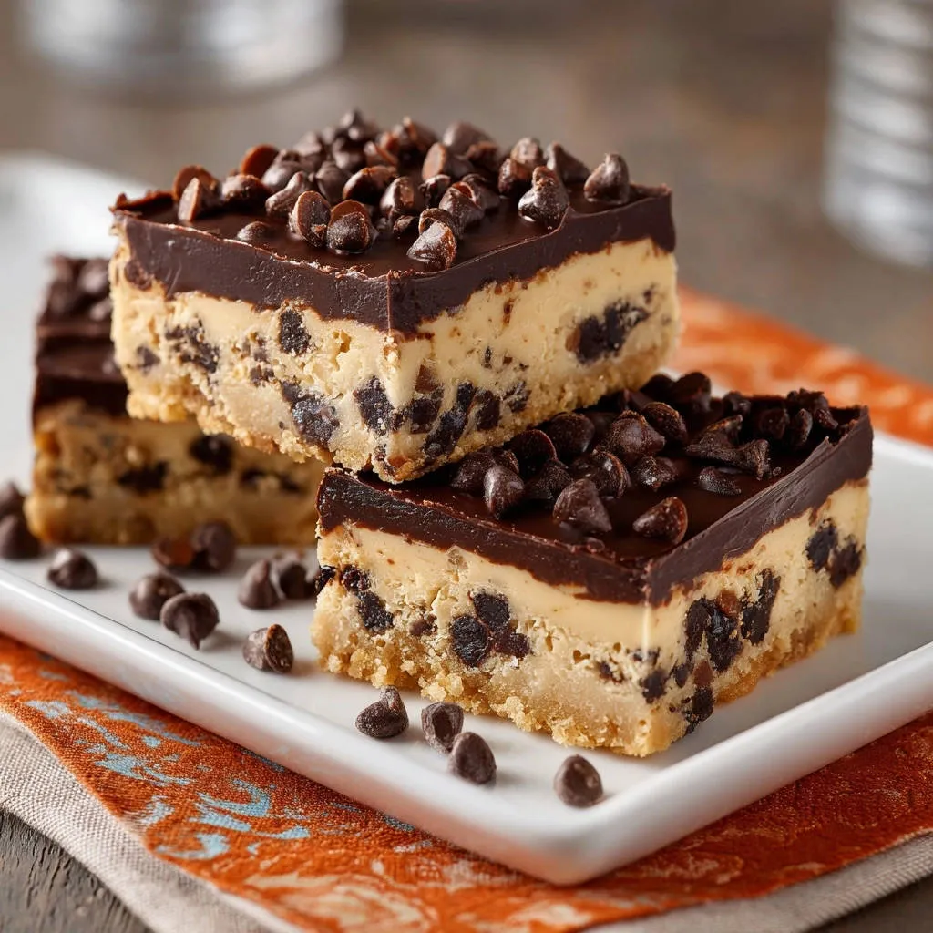 Chocolate Chip Cookie Dough Dream Bars, perfectly sliced and stacked on a white platter, showcasing their rich layers.