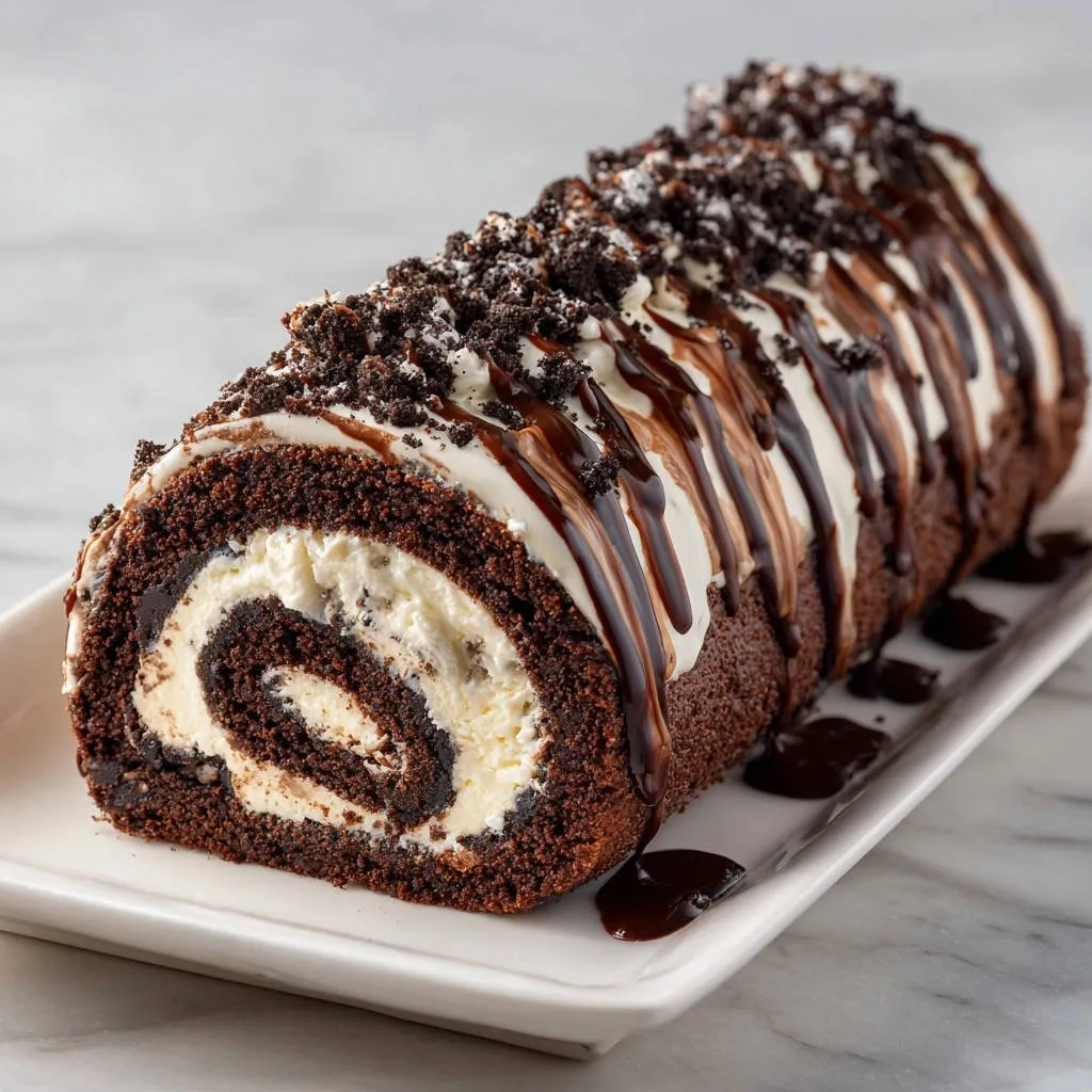 Chocolate cream roll cake with a rich cross-section and decadent chocolate drizzle topping.