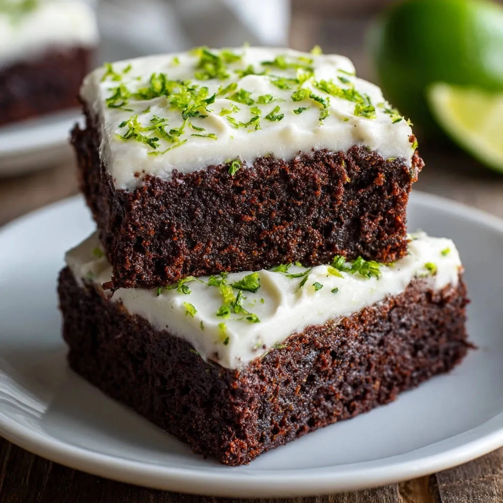 Ultra-moist chocolate lime squares stacked and cut to show the fudgy interior and white frosting with lime zest.
