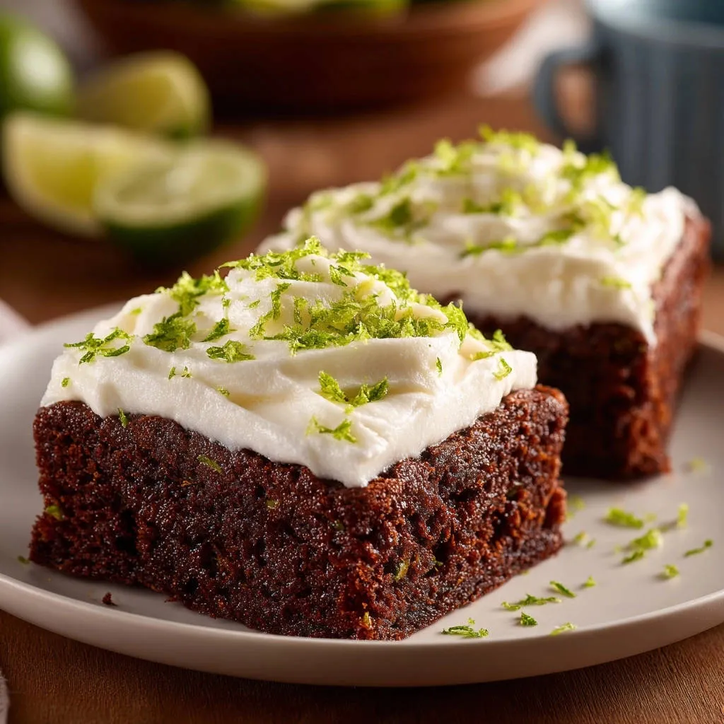 Ultra-moist chocolate lime squares with creamy frosting and fresh lime zest garnish, two slices on a plate.