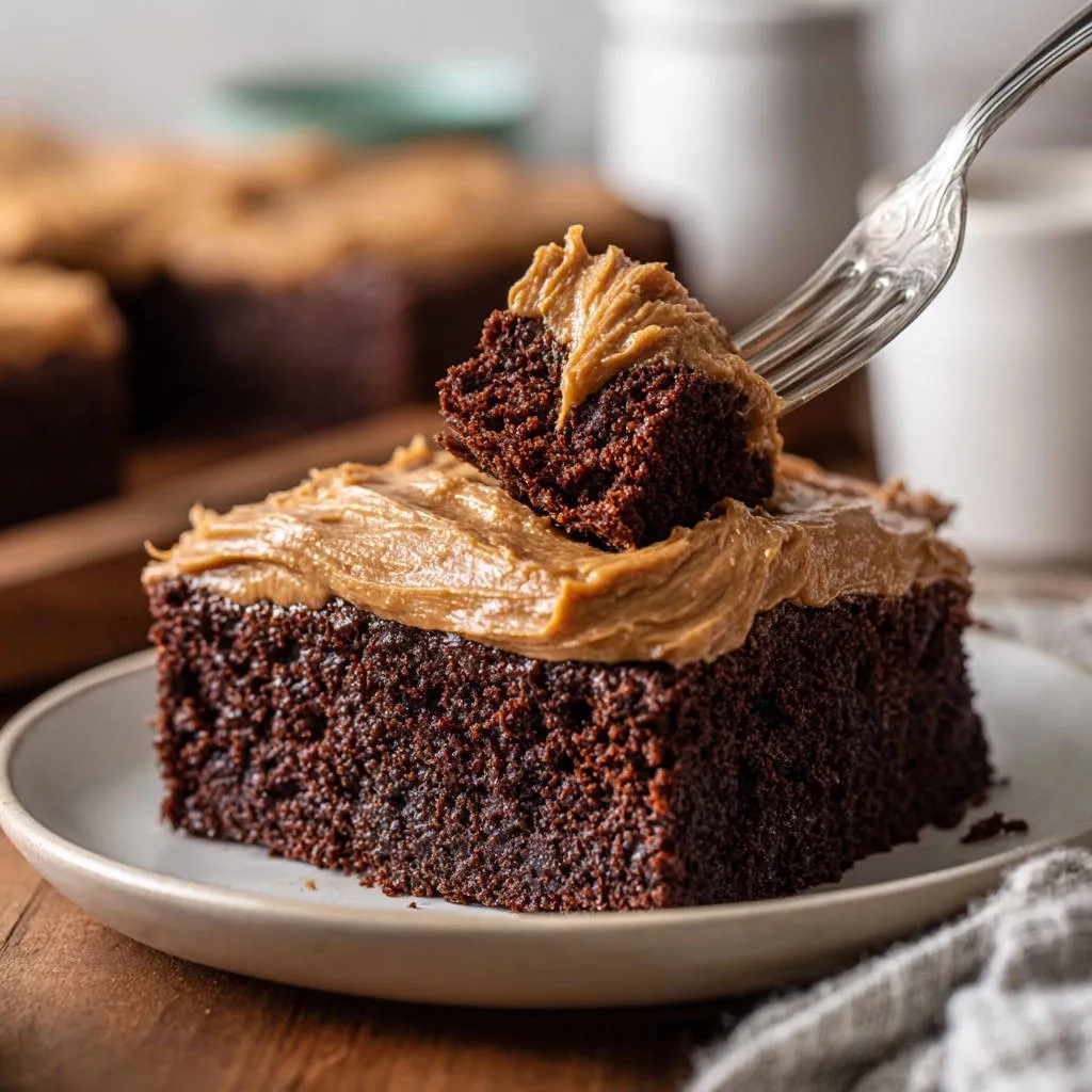 Decadent chocolate peanut butter cake with a fork lifting a moist slice, showing the cake's tender texture.
