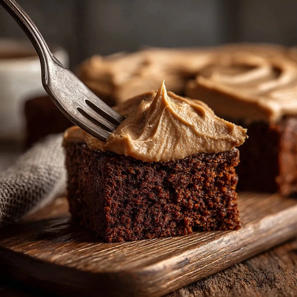 Decadent chocolate peanut butter cake with a fork taking a bite of the moist, tender cake and frosting.
