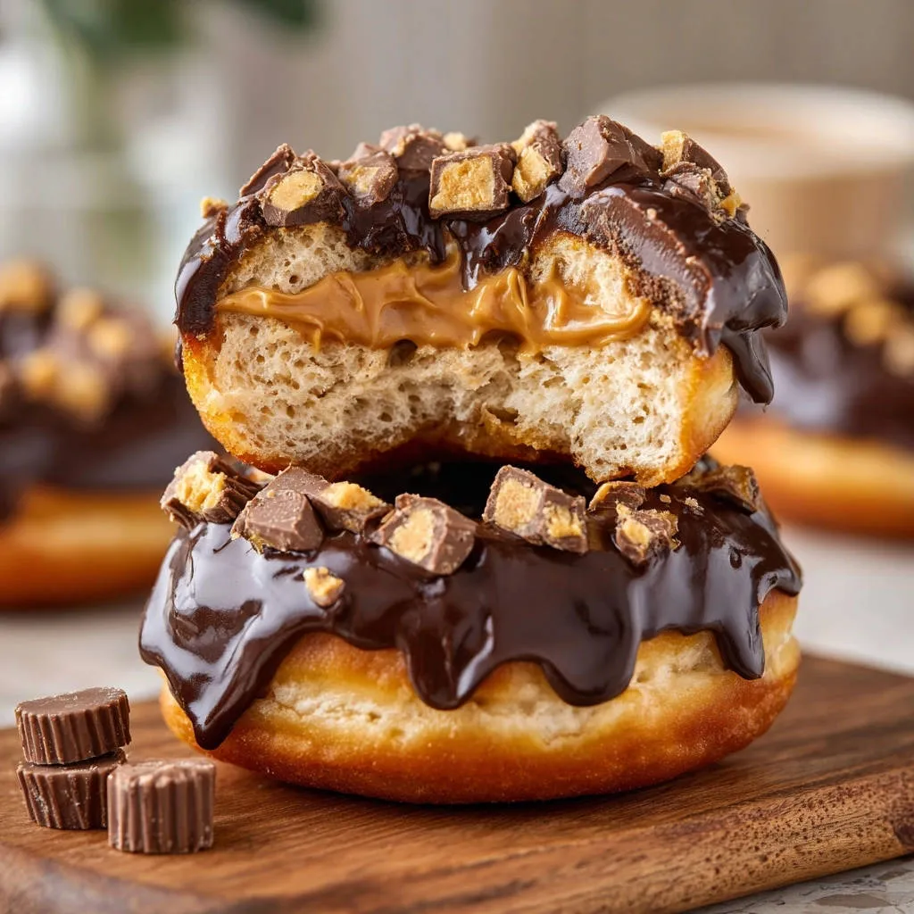 Chocolate peanut butter cup stuffed donuts cross-section showing fluffy interior and creamy filling.