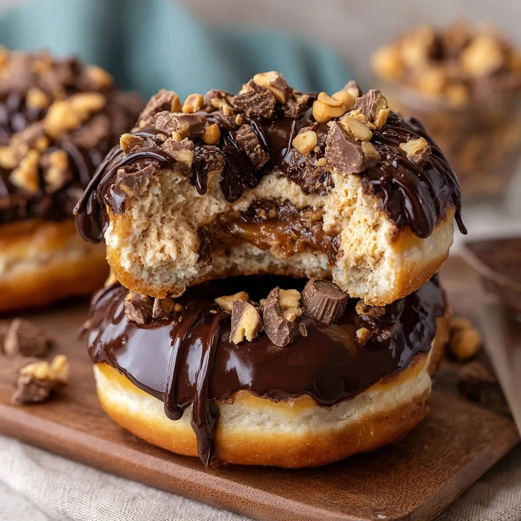 Chocolate peanut butter cup stuffed donuts close-up cross-section revealing gooey caramel and fluffy dough.