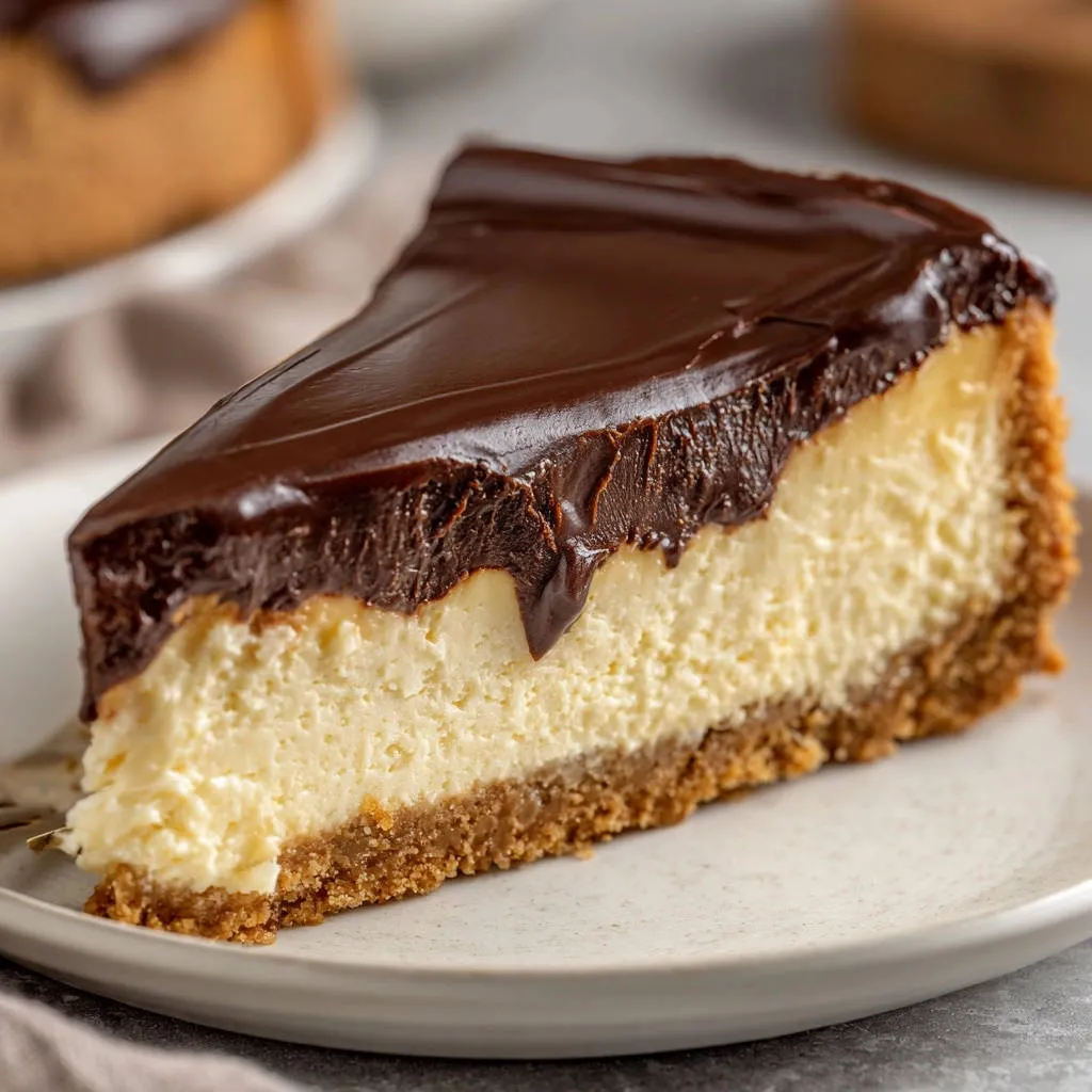 Classic chocolate-topped cheesecake slice showing a creamy interior and rich chocolate ganache topping.