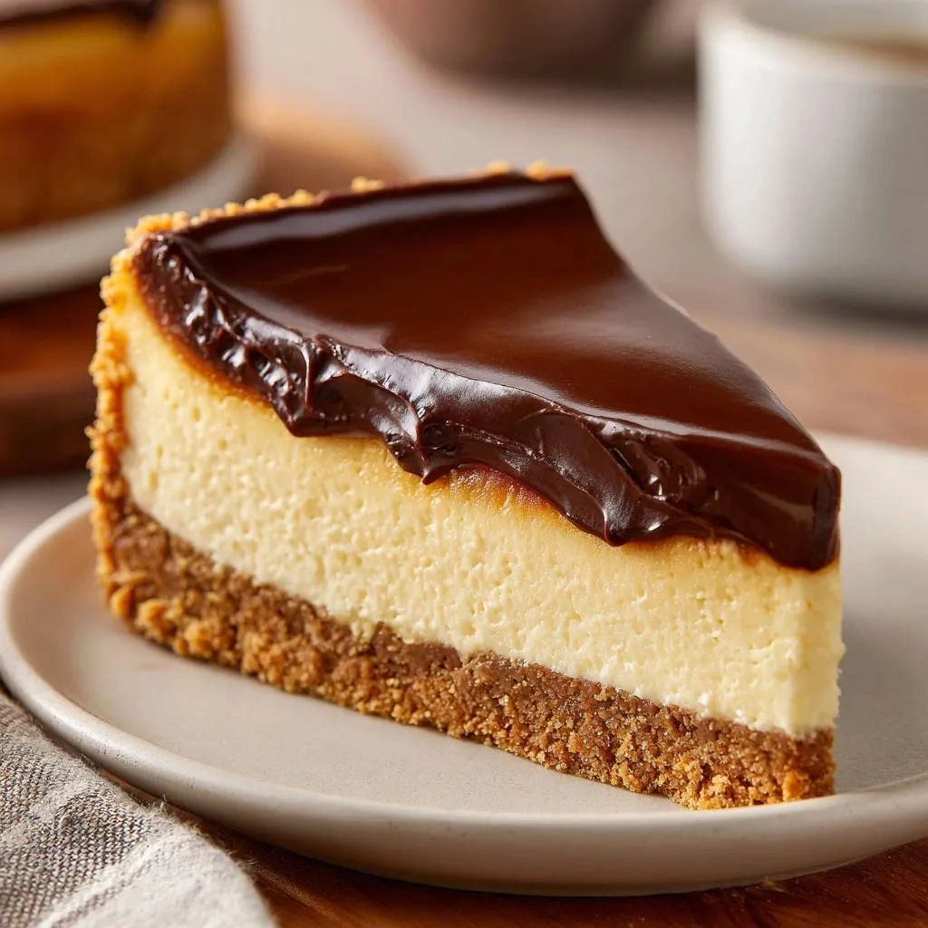 Classic chocolate-topped cheesecake slice showing a close-up cross-section with rich chocolate glaze and graham cracker crust.