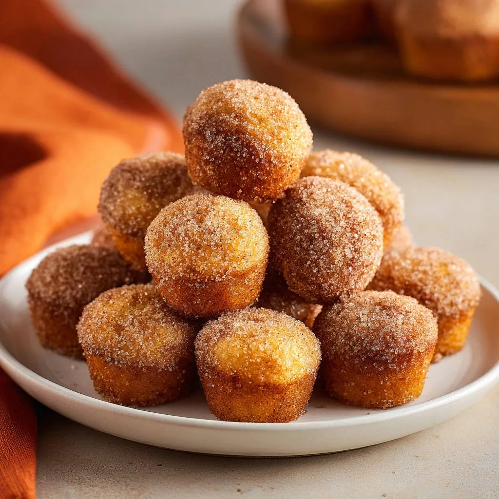 Easy cinnamon sugar mini muffins piled high on a white plate, showcasing their fluffy texture and sugary coating.