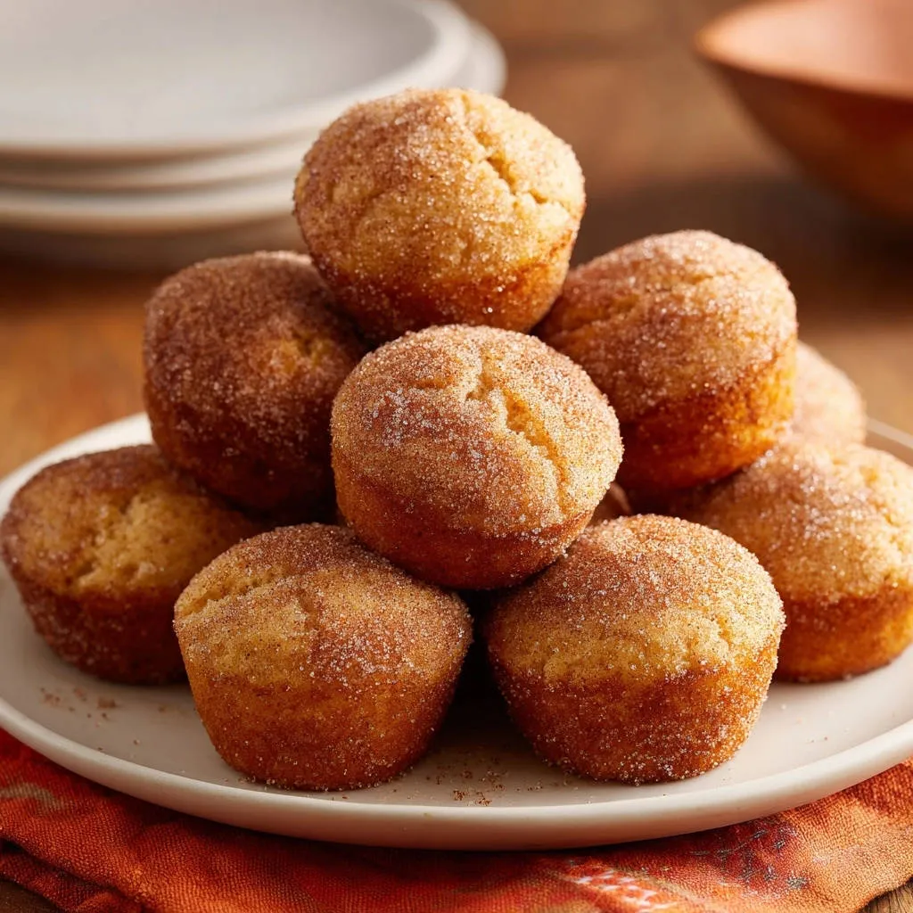 Easy cinnamon sugar mini muffins stacked on a white plate, showcasing their sugary coating.