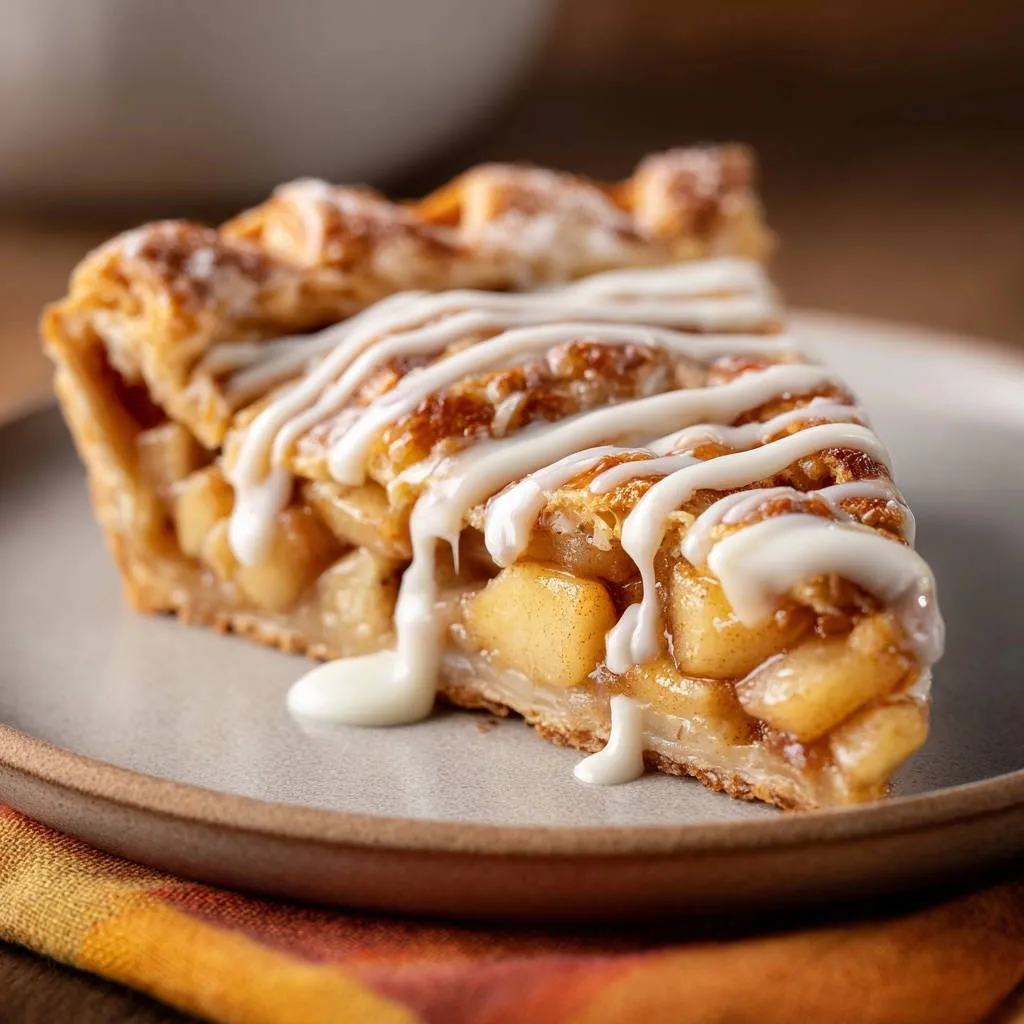 Classic apple pie slice with a glaze drizzle showing the perfectly set apple filling cross-section.