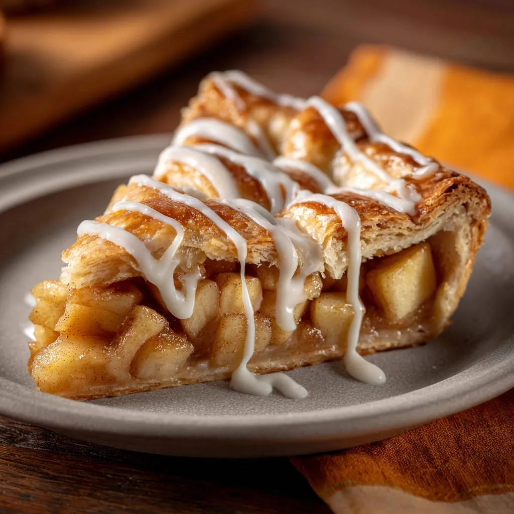 Classic apple pie slice with a flaky crust and drizzled white glaze on a gray plate.