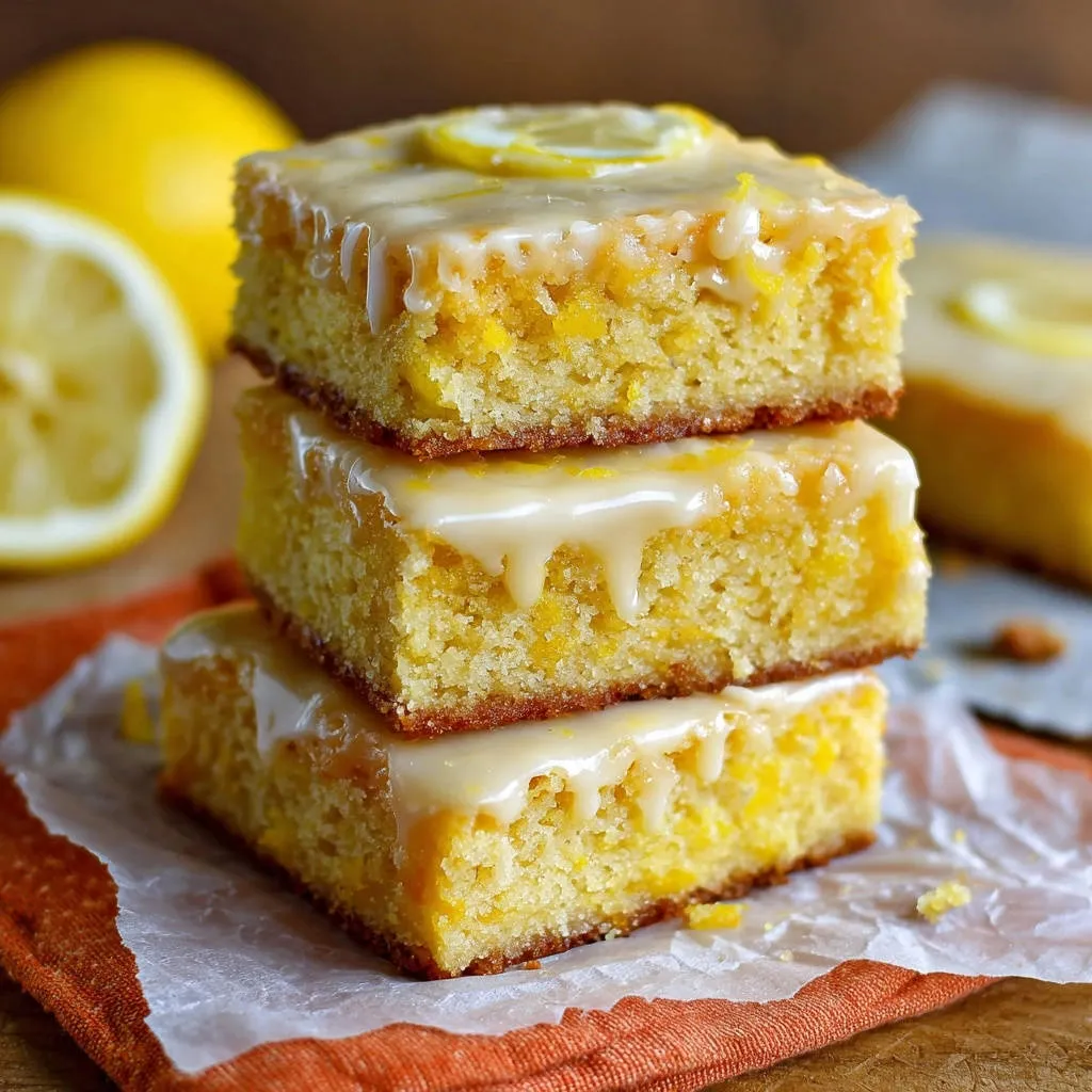 Classic chocolate lemon bars stacked in a tower, showing a close-up of the fudgy interior and dripping white glaze.