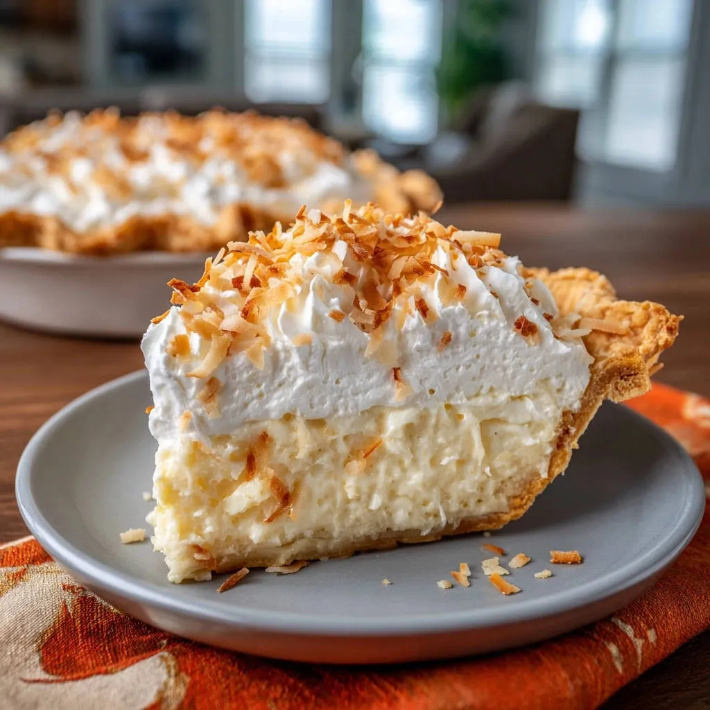 Classic coconut cream pie slice showing the creamy filling and whipped topping garnished with toasted coconut flakes.