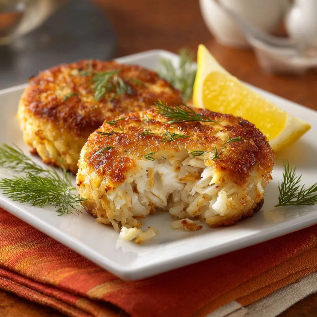 Classic crab cakes shown in a close-up cross-section with a bite taken out, revealing the flaky interior.
